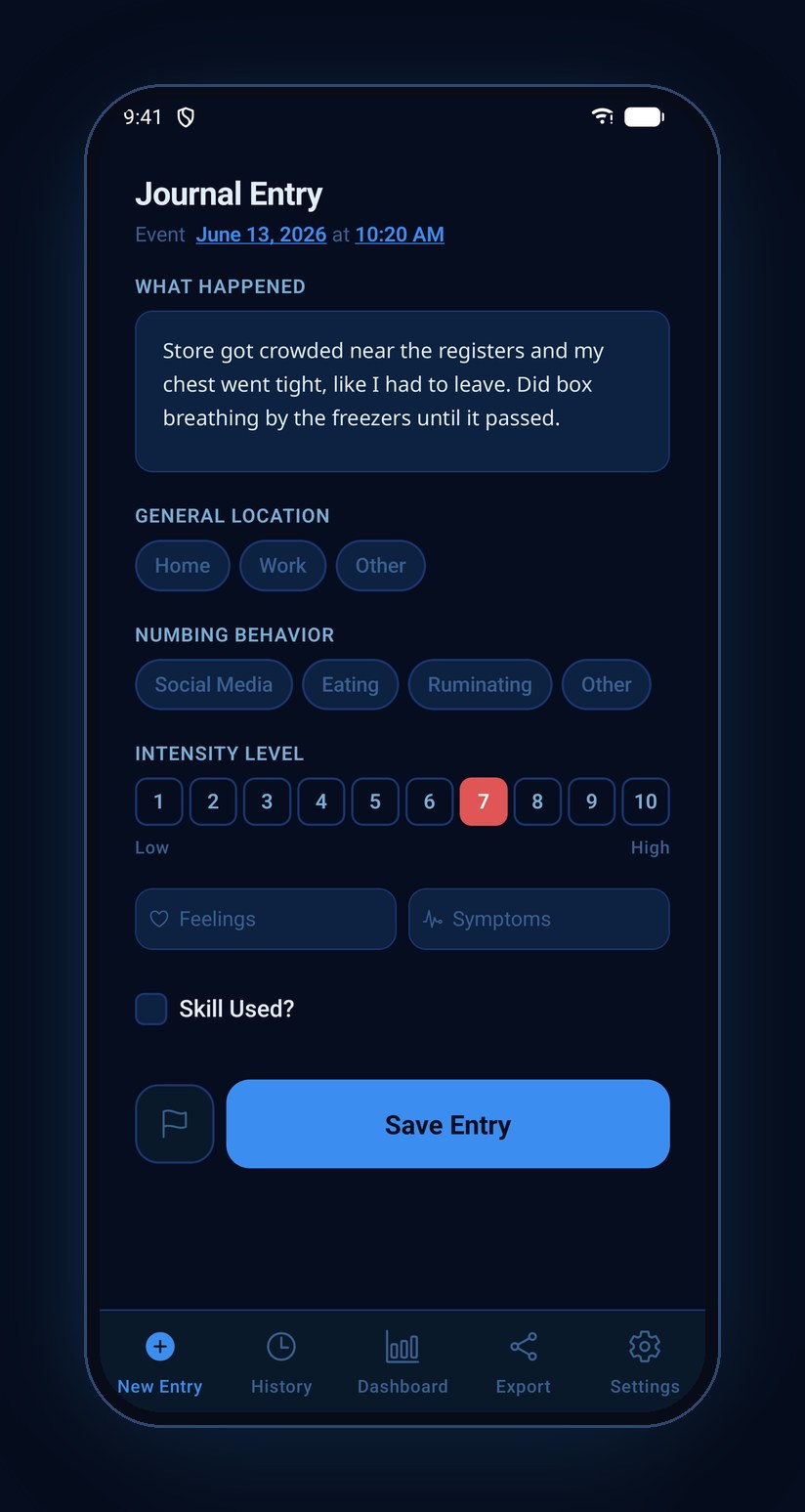 Logging a mental health episode in the Surfacing app: intensity, triggers, and skills
