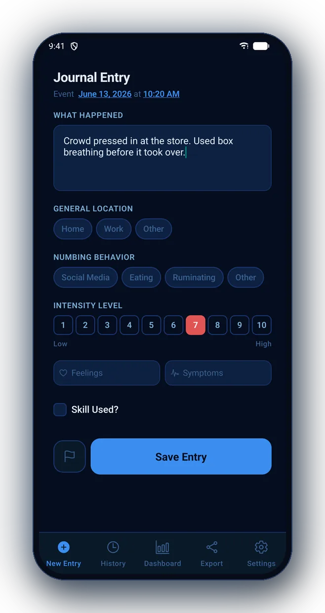 Logging a journal entry with intensity rating in Surfacing