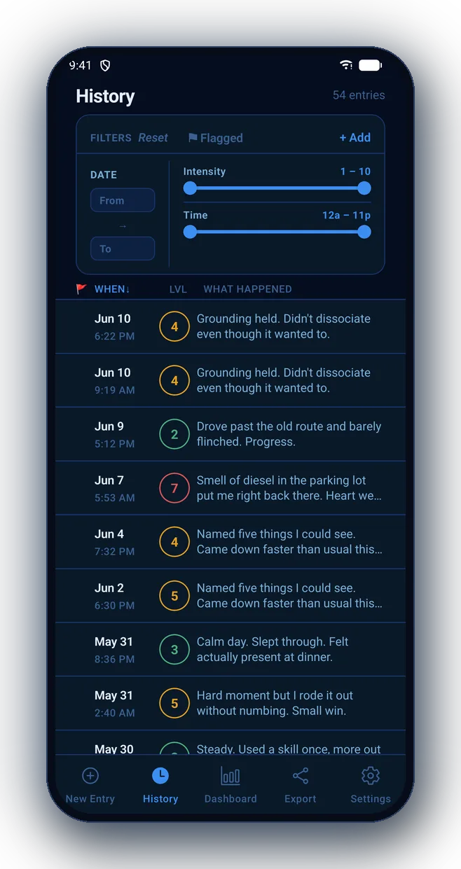 Surfacing history of logged episodes with intensity badges